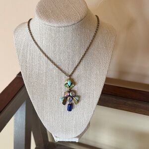 J Crew antiqued gold necklace with blue and turquoise stone pendent.